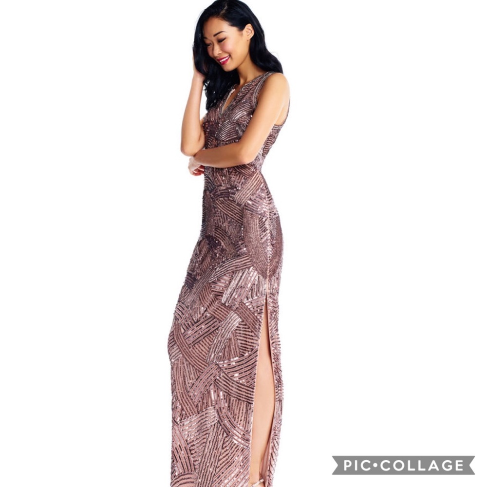 Adrianna Papell rose gold sequins& beaded sleeveless long gown - Picture 2 of 9